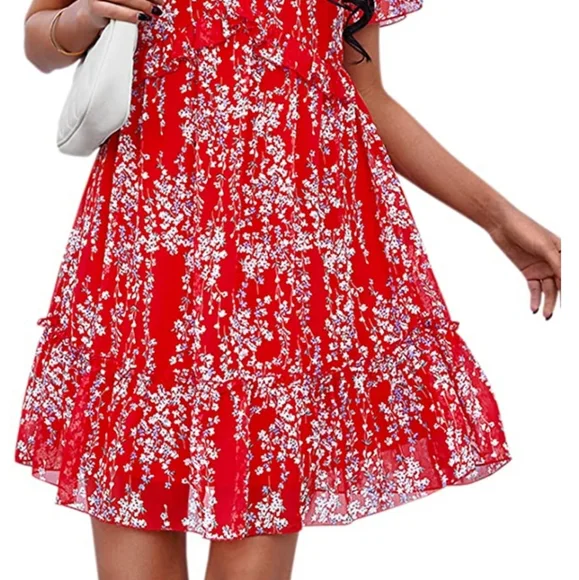 Women’s Summer Dress Ruffle V Neck Tunic Dress Floral Casual Loose flowy dress - Picture 3 of 11